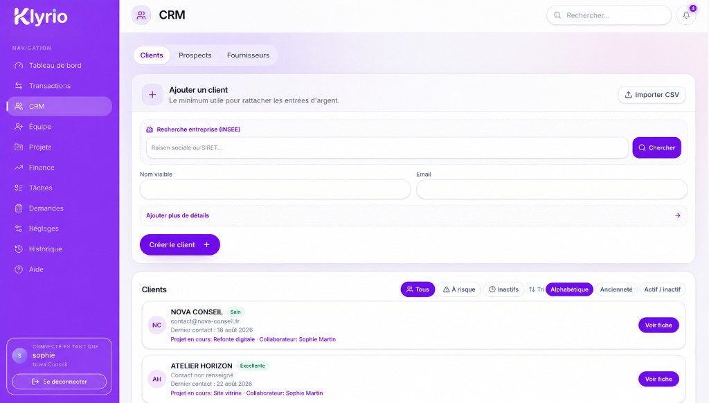 CRM Klyrio : onglet Clients avec fiches et recherche INSEE
