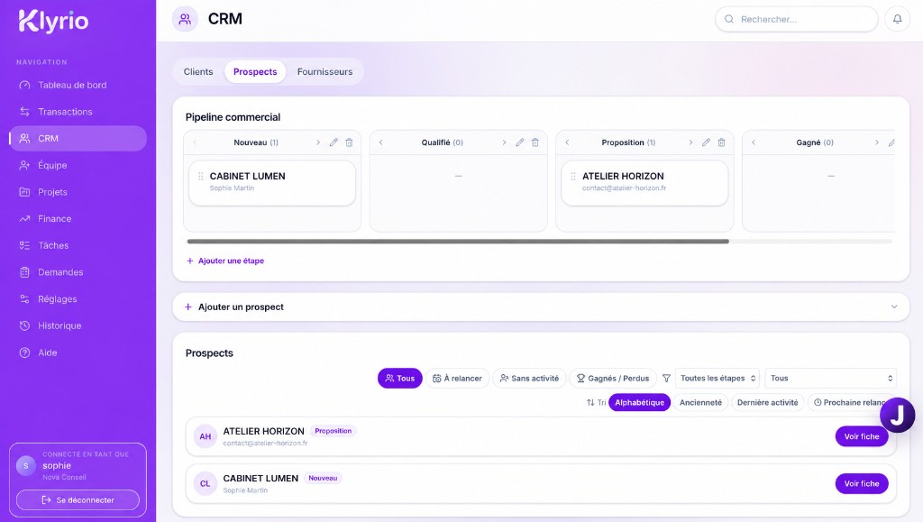 CRM Klyrio : pipeline prospects et étapes commerciales