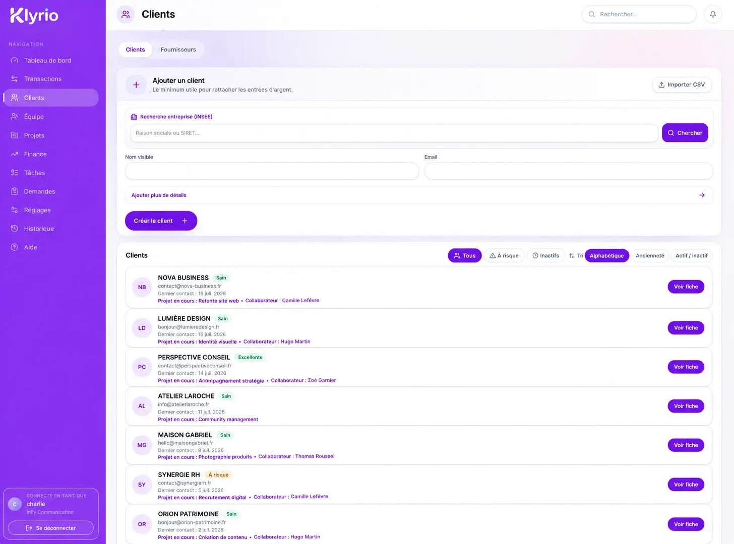 Accès au module Clients (CRM) dans Klyrio