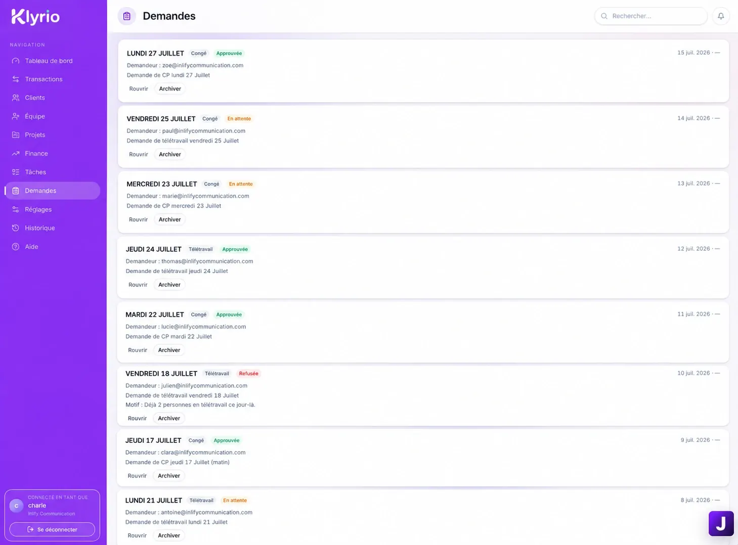 Accès au module Équipe dans Klyrio