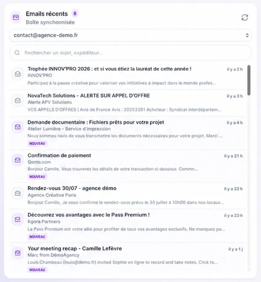Emails récents synchronisés dans Klyrio